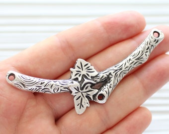 Crescent pendant with leaf branch, crescent moon pendant silver, branch pendant connector, necklace bar connector pendant, leaf bar pendant