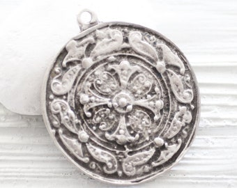 Large tribal pendant, boho pendant, silver pendant, silver medallion, round pendant, artisan, rustic, hammered, double sided