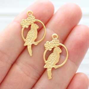 2pc bird earring charms, chandelier filigree earrings findings, dainty parrot pendant gold, filigree jewelry findings, cute animal charms