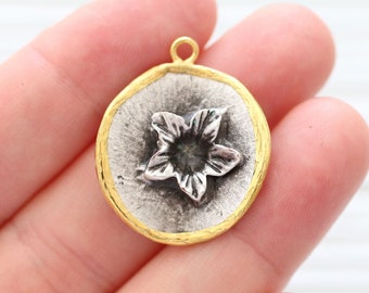 Flower pendant, earrings charms, coin charms, gold bezel pendant, coin pendant, necklace charms, just dangles, contemporary pendant