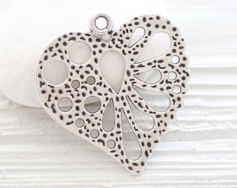 Heart pendant silver, filigree pendant, Valentines day gift, large silver pendant, love pendant, large hole pendant, heart findings