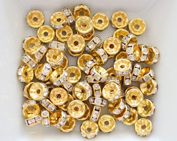10pc, 7mm round clear crystal rhinestone rondelle beads, loose rhinestones, rhinestone rondelles, rhinestone gold bead spacers,pave cz beads