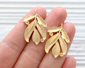 2pc gold leaf branch charm, leaf charm gold, tree branch pendant gold, earrings charm, leaf dangle pendant, earring charms gold