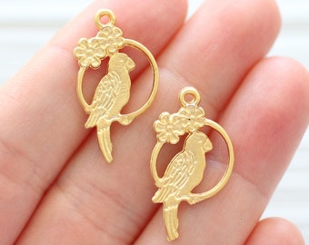 2pc parrot earring charms, chandelier filigree earrings findings, dainty bird pendant gold, filigree jewelry findings, cute animal charms
