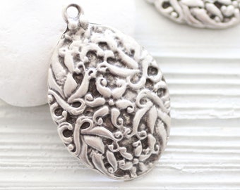 Hammered silver pendant, large drop pendant, hammered metal, textured, unique necklace pendant, rustic jewelry findings
