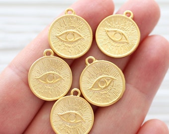 10pc gold charms with evil eye, round bracelet charms, evil eye charm, good luck charms, necklace, earring charms, bracelet dangle