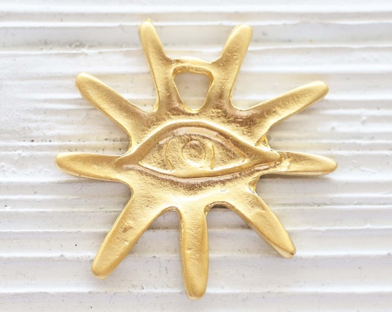 Ancient sun pendant with evil eye, celestial pendant, large hole pendant, celestial sun contemporary pendant, sunburst earrings charm gold