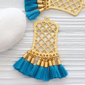Filigree pendant with teal blue tassels, earring pendant dangle, tribal tassel pendant, earrings chandelier charm, filigree findings