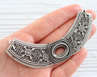 Large silver crescent pendant, metal collar, crescent, multistrand connector, tribal crescent, large crescent moon with bezel setting