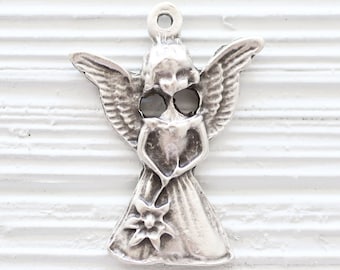 Angel pendant silver, cute angel charm with wings and flower, angel, large silver angel pendant dangle, silver pendant, silver angel