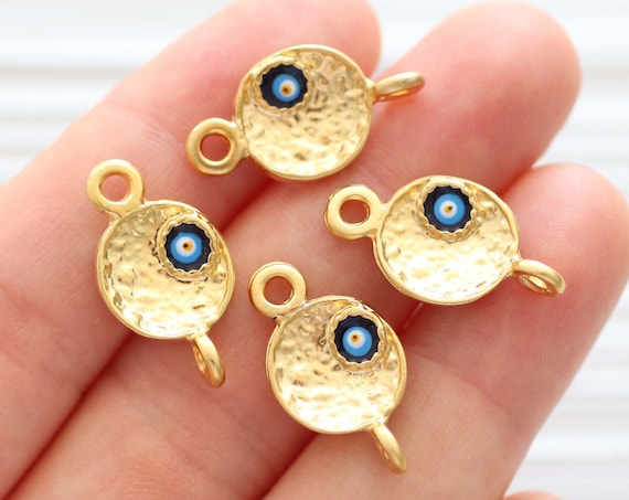 4pc evil eye connector, enamel jewelry, navy blue evil eye charm, gold evil eye, gold connectors, good luck beads, evil eye beads, L