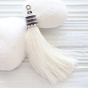 Silver cap ivory silk tassel, long silk tassel, silk tassel pendant,off white silk tassel,jewelry tassels,decorative tassels,pearl tassel,N2
