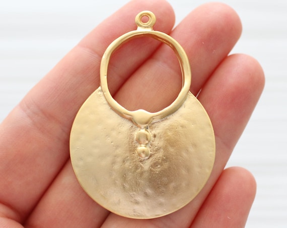 Gold focal pendant, medallion, hammered pendant, matte gold, gold round pendant, tribal pendant, ring pendant, circle earring charm