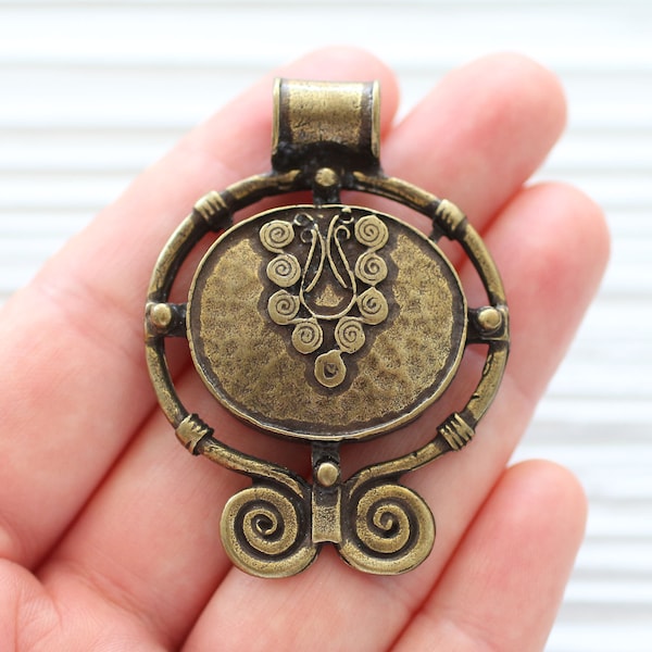 Large hole pendant, antique gold tribal pendant, rustic pendant, spiral pendant, antique gold unique filigree pendant, large pendant