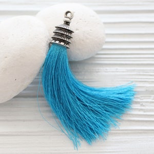 Turquoise silk tassel, tassel pendant, silver cap silk tassel, long tassel, jewelry tassels, decorative, necklace tassel, aqua blue, N28