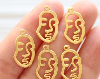 5pc face charms gold, earring charms, theatrical charms, metal abstract charms, necklace charms, bracelet charms, dainty face pendant