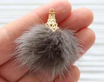Gray pom pom tassel, faux fur pom pom earrings tassel, keychain tassel, gold cap necklace tassel, purse tassel, grey, charcoal tassel, N24