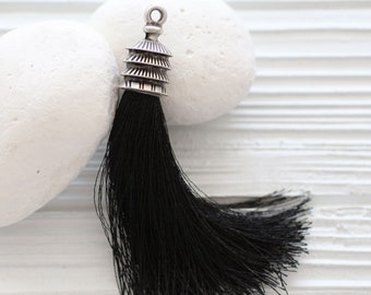 Borla de seda negra con gorra plateada, borla larga grande, gorra de borla grande, borla negra, borlas de joyería, borla de seda, decorativa, boho, N8