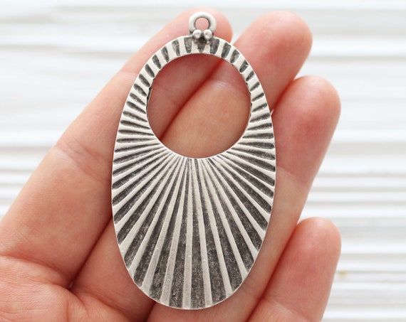 Oval pendant silver, drop pendant dangles, hammered pendant, tribal big pendant, rustic focal piece, earring charms