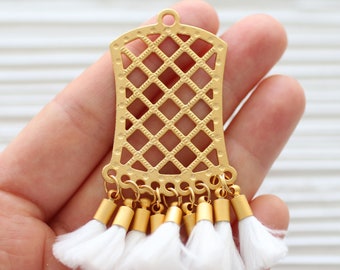 Tribal tassel pendant, filigree pendant with white tassels, earrings dangle pendant, white tassel charm gold, filigree findings