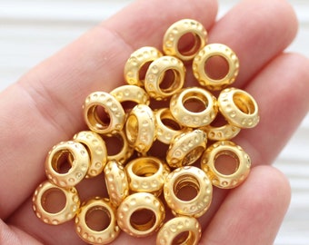 10pc gold rondelle beads, heishi beads, gold rondelle, gold heishi, metal spacer beads, slider beads, large hole beads, tube beads