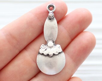 Silver stick pendant, flower dagger pendant, boho long pendant, rustic pendant, earrings pendant charm, silver large hole pendant