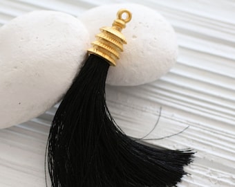 Pompon en soie noire, pompon long, pendentif pompon, pompon coiffe dorée, pompon collier, pompon noir, pompons bijoux, sac à main, pompon mala, N8