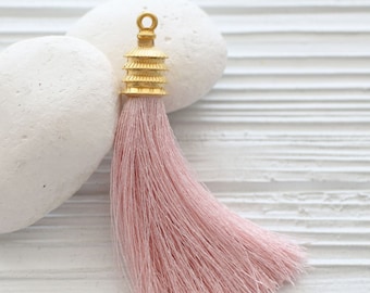 Gold cap pink silk tassel, necklace tassel pendant, gold tassel cap, baby pink tassel, jewelry tassels, long silk tassel, thick tassels, N35