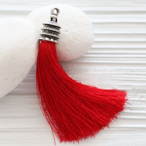 Silver cap red tassel, long silk tassel, tassel pendant, crimson tassel, jewelry tassels, decorative tassels, keychain, purse tassel, N27