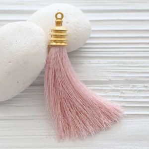 Gold cap pink silk tassel, necklace tassel pendant, gold tassel cap, baby pink tassel, jewelry tassels, long silk tassel, thick tassels, N35