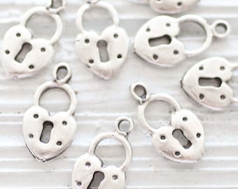 10pc heart charms with key hole, heart padlock charm silver, bracelet charms, earring charms, silver charms, large charms, necklace charms