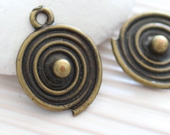 2pc spiral round pendant, whirligig, antique gold round pendant, rustic pendant, earring components, spiral findings, unique dangles