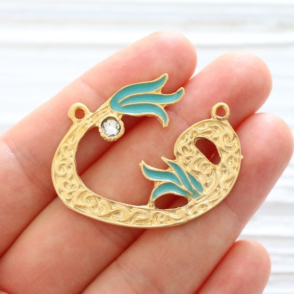 Turquoise enamel flower pendant connector, crescent moon, crescent pendant, large gold connector, flower tulip pendant, crescent connector