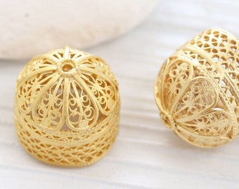 2pc large gold filigree tassel cap, matte gold bead caps, bead cones, end caps, gold cones, ornate tassel cap, gold end cap