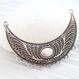 Tribal pendant connector, multi strand large silver connector, metal rustic crescent moon collar pendant, silver crescent, multistrand
