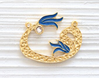 Blue enamel flower pendant, gold crescent connector pendant, hammered pendant, blue pendant, jewelry connector, flower tulip pendant, cobalt