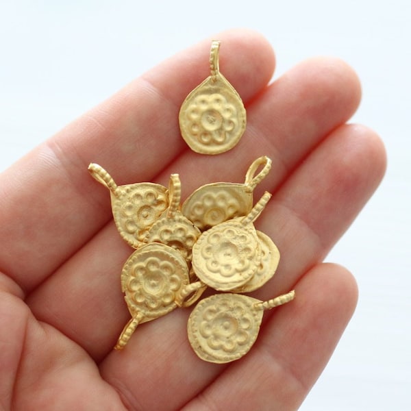 10pc matte gold earring charms, flower charm, bracelet charms, gold charms, round charm, dangles, tribal charms, metal charms, gold beads