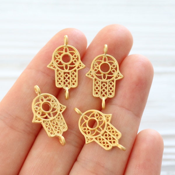 4pc filigree Hamsa charm connector, mini gold connector, mini Hamsa, gold pendant connector, hand of Fatima, gold filigree findings