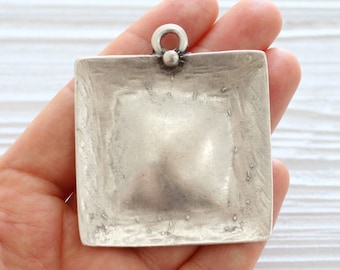 Square pendant silver, geometric pendant, hammered metal pendant, large pendants, unique pendants, rustic pendant, silver findings