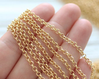 3.3 feet 3mm gold rolo chain, 24K gold plated rolo chain, chain, matte gold chain, rolo chain, gold chain, necklace chain, jewelry chain