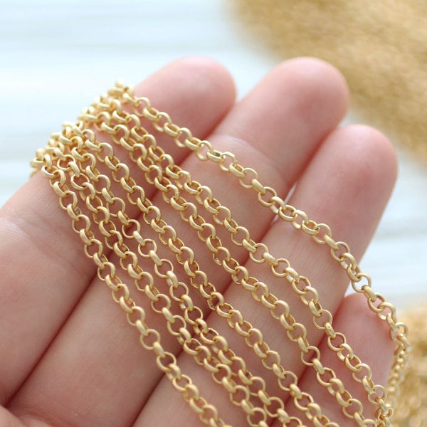 3.3 feet 3mm gold rolo chain, 24K gold plated rolo chain, chain, matte gold chain, rolo chain, gold chain, necklace chain, jewelry chain