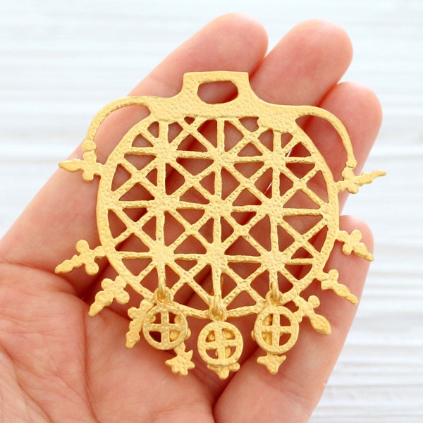 Hittite pendant, large gold medallion, matte gold pendant, large pendants, gold filigree pendant, unique pendant, L