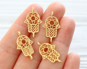 4pc filigree Hamsa charm connector, mini gold connector, mini Hamsa, gold pendant connector, hand of Fatima, gold filigree findings