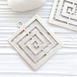 Square pendant silver, geometric pendant, spiral pendant, large pendants, unique pendant, rustic pendant, large metal pendant, square image 1