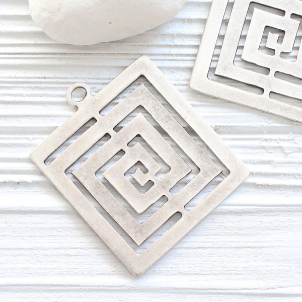 Square pendant silver, geometric pendant, spiral pendant, large pendants, unique pendant, rustic pendant, large metal pendant, square