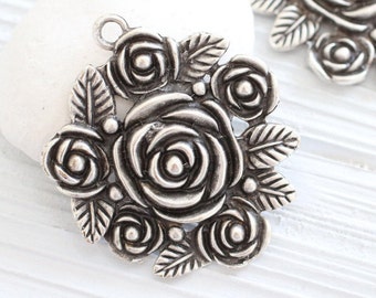 Rose pendant, rose medallion, large silver flower pendant, round pendant, silver pendant, necklace pendants, silver rose, leaf pendant