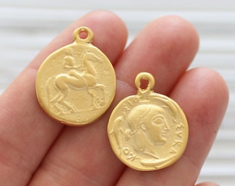 2pc Greek coin charms, gold coin pendant, gold coin dangles, earrings charm, replica Greek coins, coin pendant, ancient coin, necklace charm