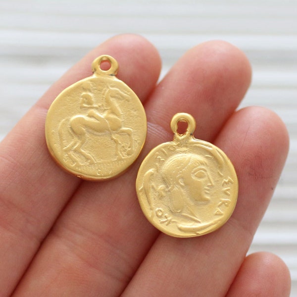 2pc Greek coin charms, gold coin pendant, gold coin dangles, earrings charm, replica Greek coins, coin pendant, ancient coin, necklace charm