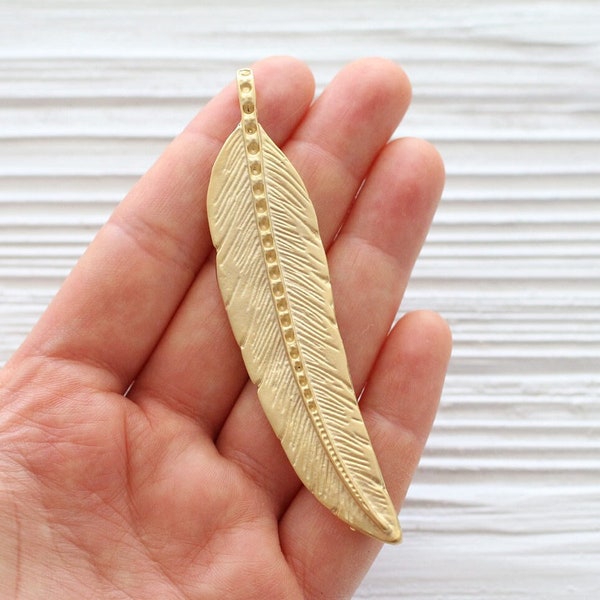 Large gold leaf pendant connector, leaf, large gold pendant, rustic, bar pendant, vertical, natural, necklace flat bar connector pendant