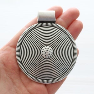 Large tribal pendant, silver medallion, spiral pendant, large hole pendant, round pendant silver, large pendant, large metal focal pendant image 1